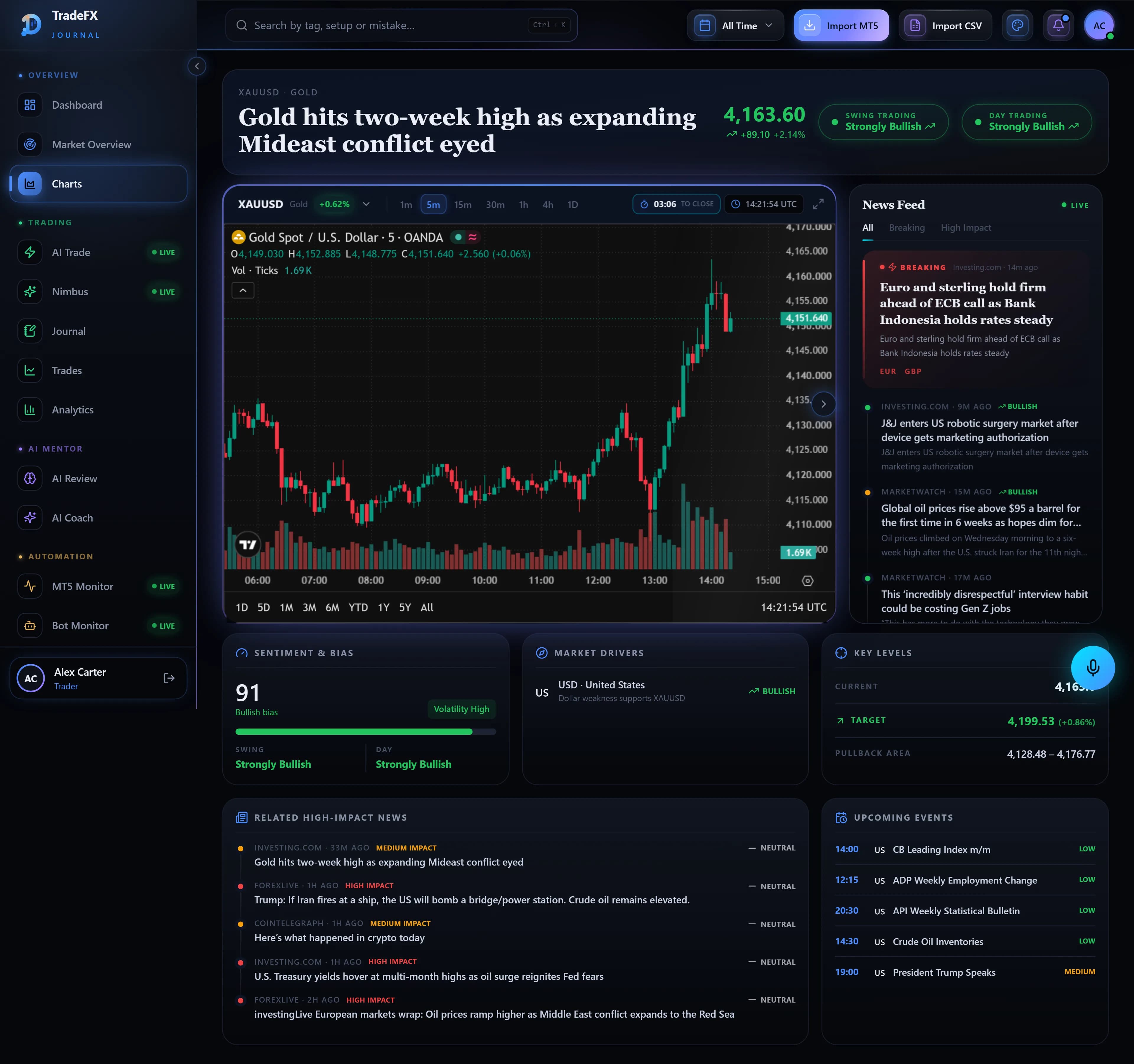 TradeFX Journal multi-chart trading terminal